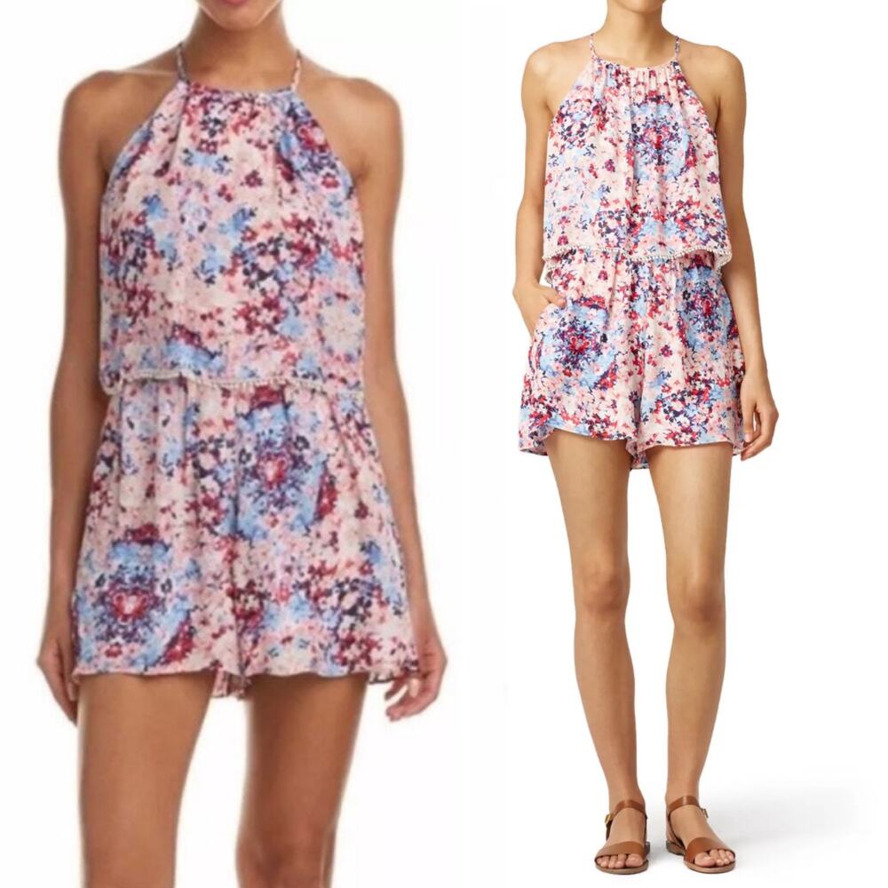 Parker Catamaran Romper Silk Floral Print Halter Neck Sleeveless Pink Blue XS